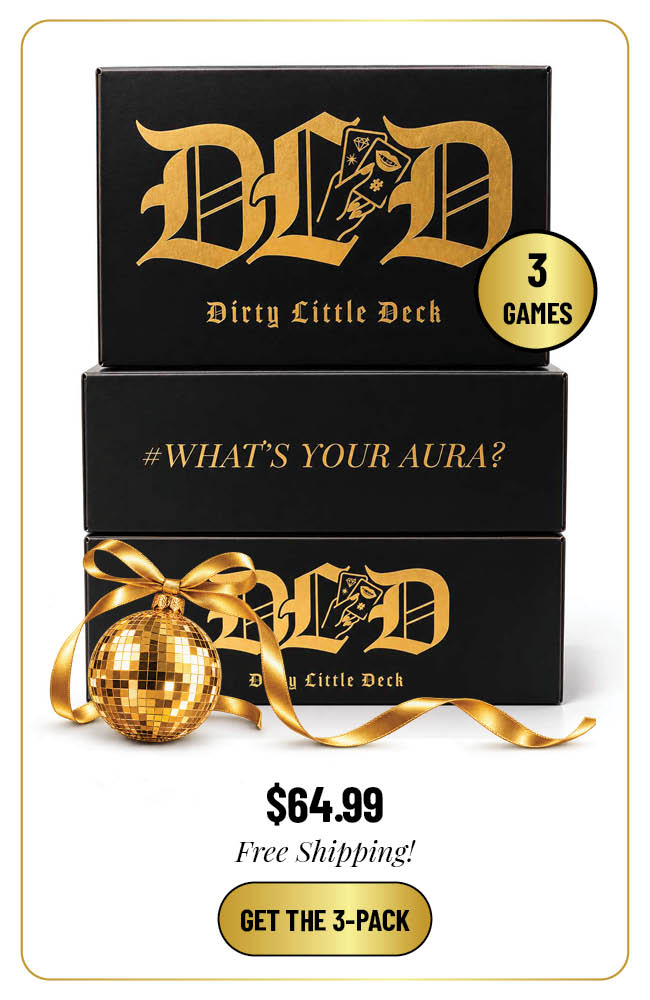 Three black-and-gold Dirty Little Deck game boxes stacked on a white background.
