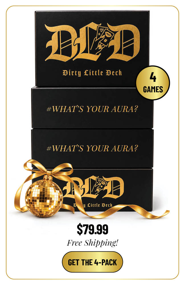 Four black-and-gold Dirty Little Deck game boxes on a white background.