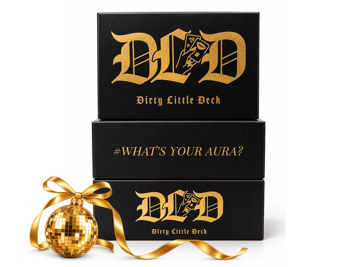 Three black-and-gold Dirty Little Deck game boxes stacked on a white background.
