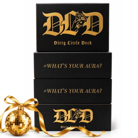 Four black-and-gold Dirty Little Deck game boxes on a white background.