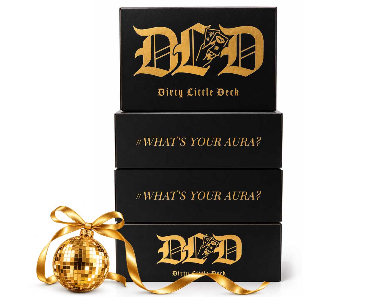 Four black-and-gold Dirty Little Deck game boxes on a white background.