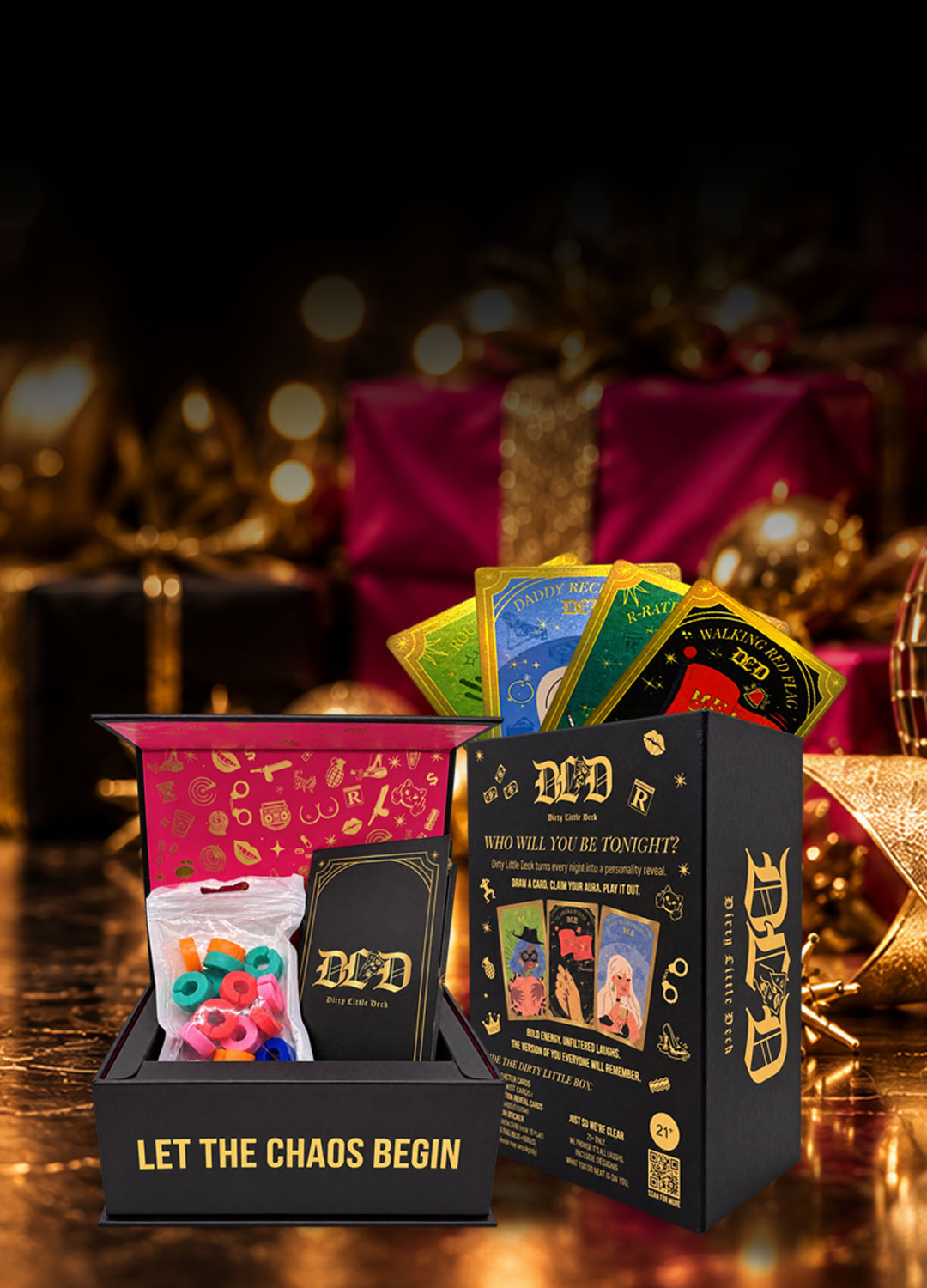 Dirty Little Deck game box, character cards, and colorful drink markers against a festive holiday background.